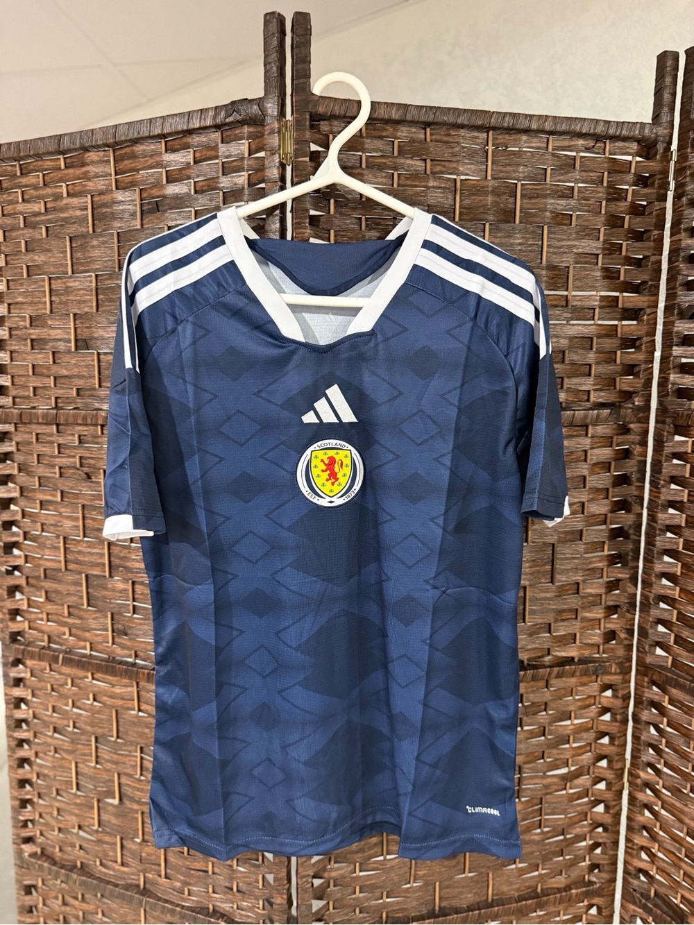adidas Scotland Navy Blue Soccer Jersey with White Stripes